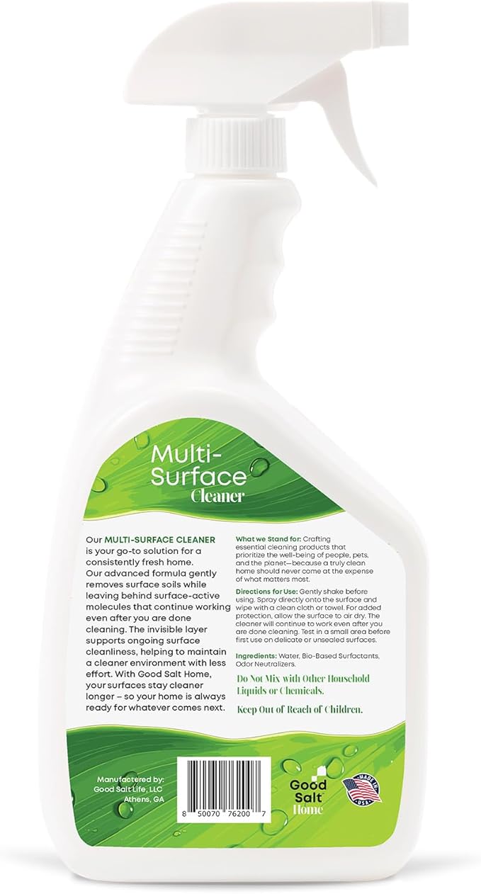 Good Salt Home Multi-Surface Cleaner, Everyday Surface Spray for Home and Workspaces, Continuous Cleaning Action, Made in the USA, 32 Ounce Bottle