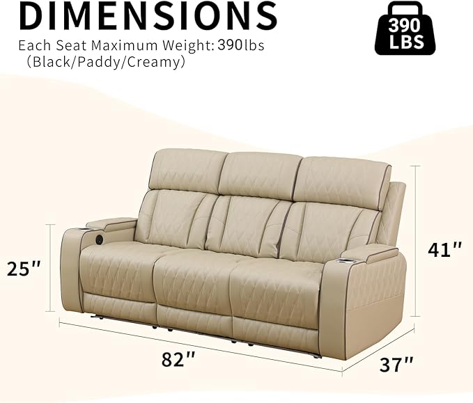 Caberryne Power Recliner Sofa with LED Lights,Leather Reclining Couch with Double Recliner/USB Port/Coffee Table/Cup Holder for House/Home Theater(3 Seater Sofa,Paddy)