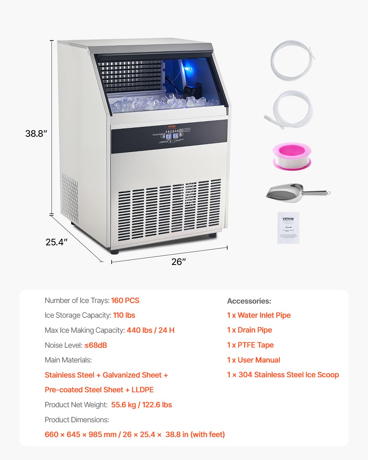 VEVOR Commercial Ice Maker, 440lb/24h Ice Maker, Storage Capacity, 120lbs, 160 Ice Cubes in 15min, LED Digital Display Freestanding Self-Cleaning for Bar Office Restaurant