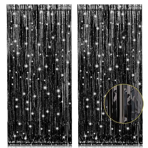 2 Pack 3.2ft x 8.2ft Black Tinsel Foil Fringe Curtains, Metallic Foil Tinsel Photo Booth Backdrop Streamer for New Years D...