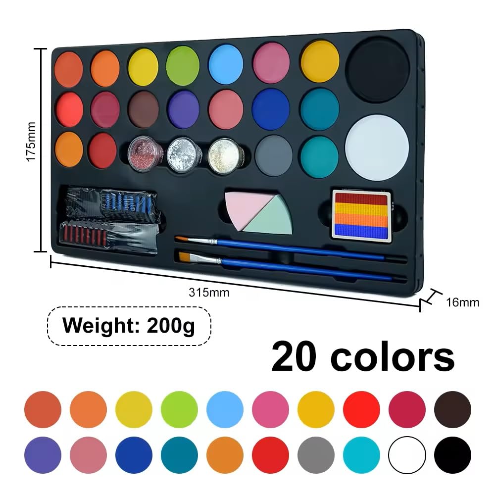 Kids Face Painting Kit, 20 Non-Toxic Water Based Paints, Professional Face and Body Paint Makeup for Sensitive Skin, 4 Stencils, 2 Hair Chaulk Combs, 2 Sponges