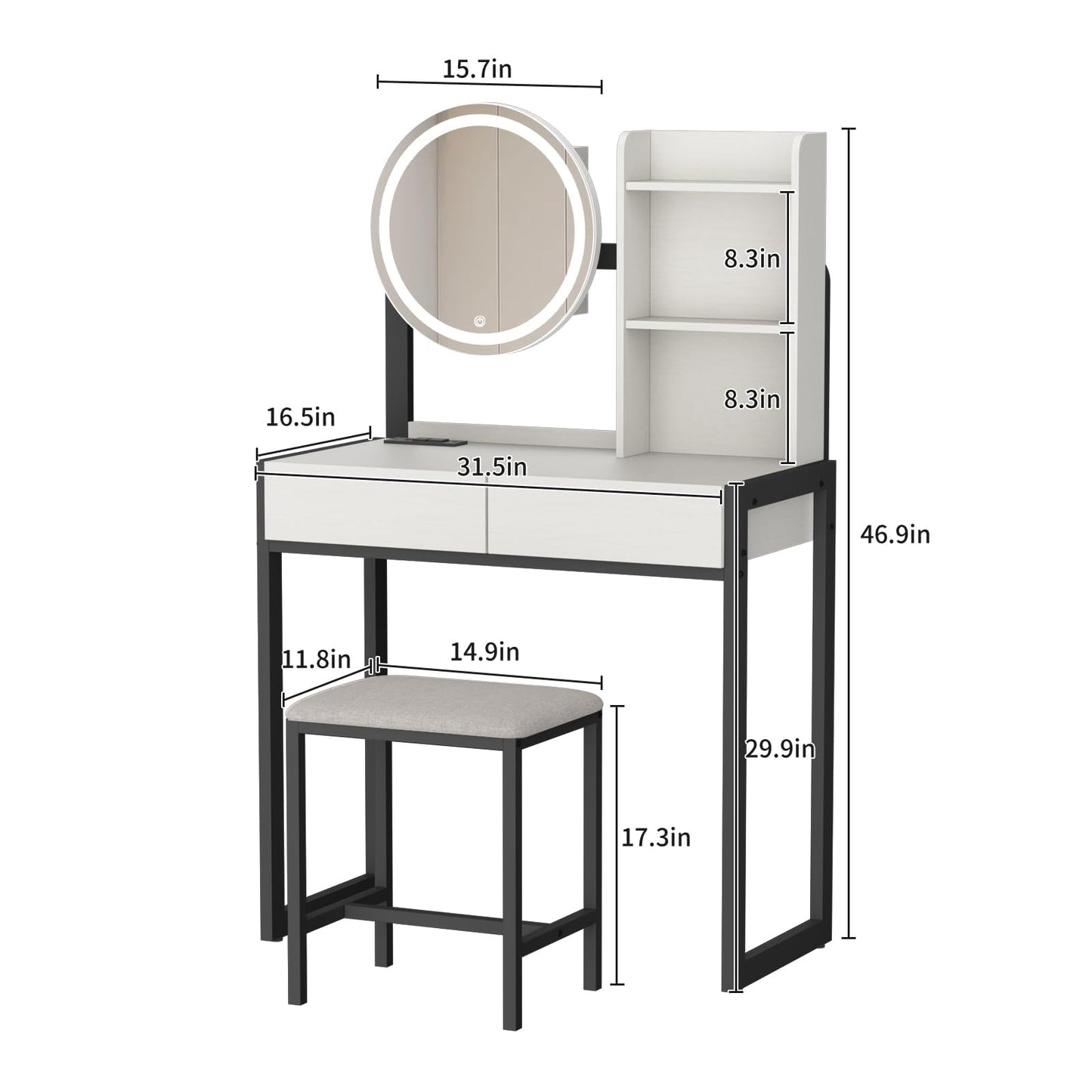KEIKI Makeup Vanity Desk with Smart LED Mirror & Charging Station, 31.5" Vanity Table Set with 4 Drawers, Storage Shelves & Cushioned Stool, Modern Studio Bedroom Dressing Table, White and Black