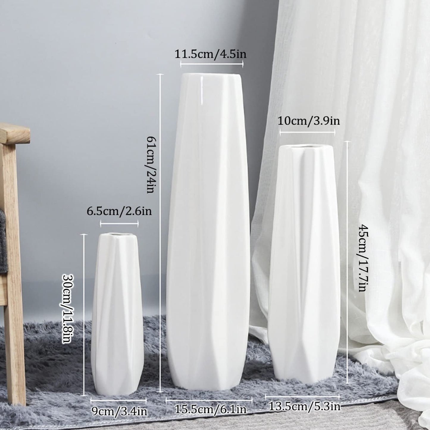 FKTHYO Floor vase Accessories Large Floor Vase,White Ceramic Vase,Handcrafted,Sophisticated Vessel for Decorative Branches and Dried Flowers (White 61cm)