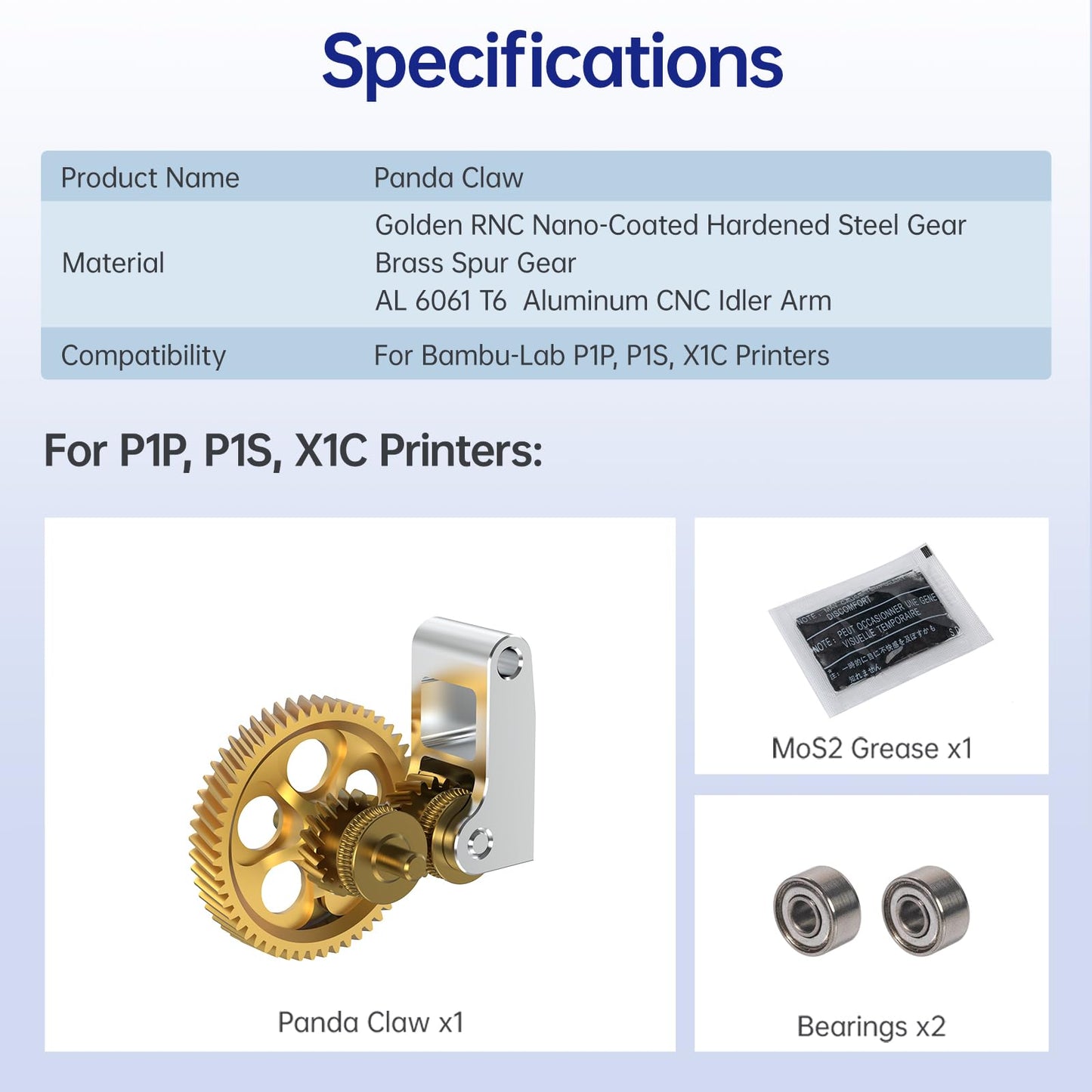 BIQU Panda Claw Upgraded Extruder Brass Gear Compatible with Bambu-Lab P1P/P1S/X1C/X1E 3D Printers, Golden RNC Nano Coating Hardened Tool Steel Extruder Gear