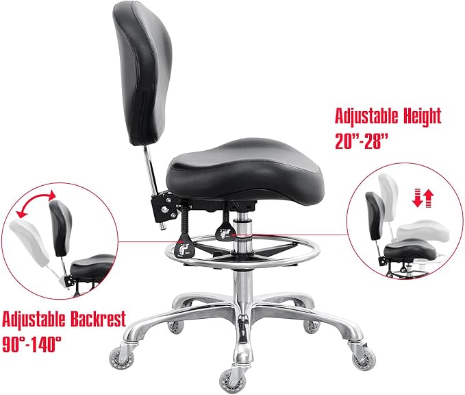 Grace&Grace Drafting Chair Adjustable Tall Shop Stool, Rolling Stool with Back Support for Studio, Classroom, Lab, Counter, Medical (Black)