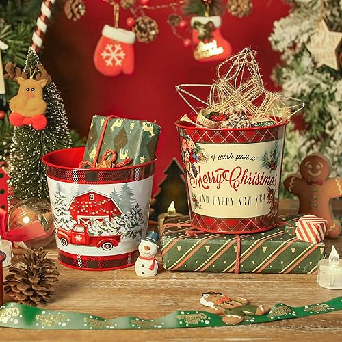 Putuo Decor Christmas Theme Metal Buckets, 5 Pieces Christmas Decorations Round Ice Buckets, Galvanized Small Bucket Pails...