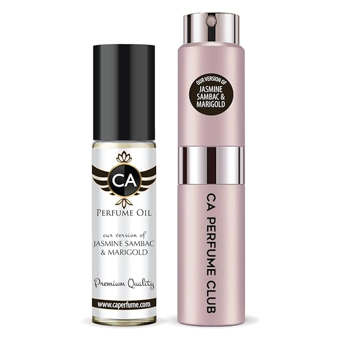 CA Perfume Duo Impression of Jasmine Sambac & Marigold For Women Perfume Layering Set Long Lasting Travel Size EDP + Body Oil Roll-On Bottle 0.27 Fl Oz+0.33 Fl Oz