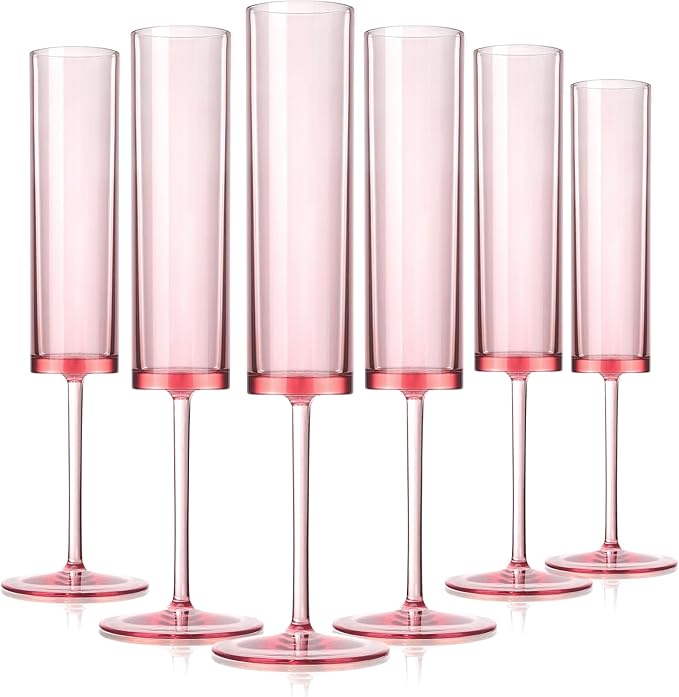 6 Pieces Acrylic Pink Champagne Flutes 5.4 OZ Square Champagne Glasses Stemmed Coupes Reusable Wedding Toasting Glasses Ro...