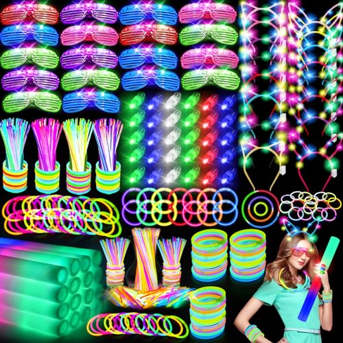 OLUPP 282 PCS Glow in the Dark Party Supplies, 18 Foam Sticks, 18 LED Glasses, 200 Glow Sticks, 30 Finger Lights, 8 Bunny ...