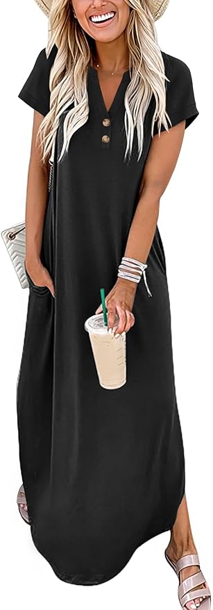 ANRABESS Women Summer Maxi Dress Casual Short Sleeve V Neck Button Up Loose Split Travel Dresses 2026 Beach Vacation Sundress