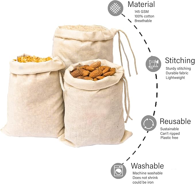 Natural Cotton Reusable Produce Muslin Bags – Multipurpose Drawstring Storage Pouch for Everyday Use (100, 2x3)