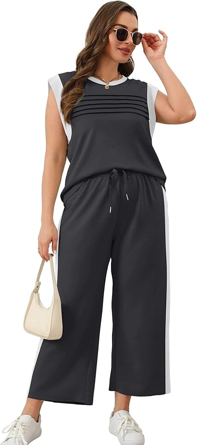 WIHOLL 2 Piece Sets for Women Summer Lounge Sets Travel Vacation Outfits Cap Sleeve Sweatsuit Side Slit Wide Leg Pants S-3XL