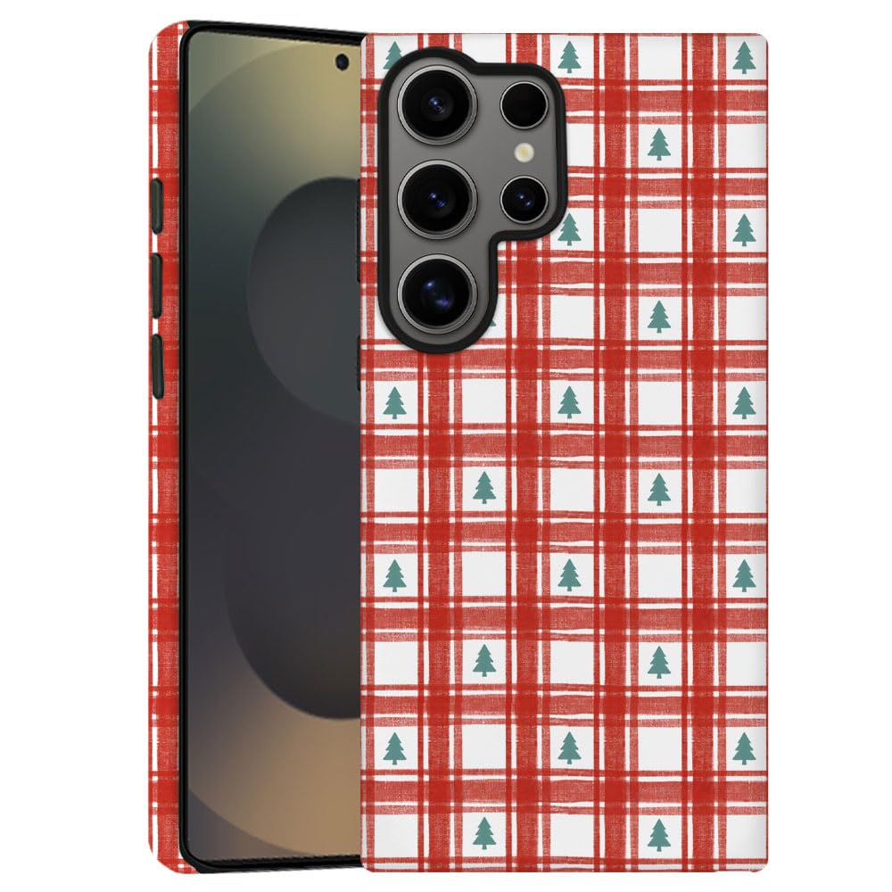 TnXee Case for Samsung Galaxy S23 Ultra,Christmas Tree Red Gingham Pattern Phone Case Drop Resistant Frosted 2 in 1 Solid Dual-L