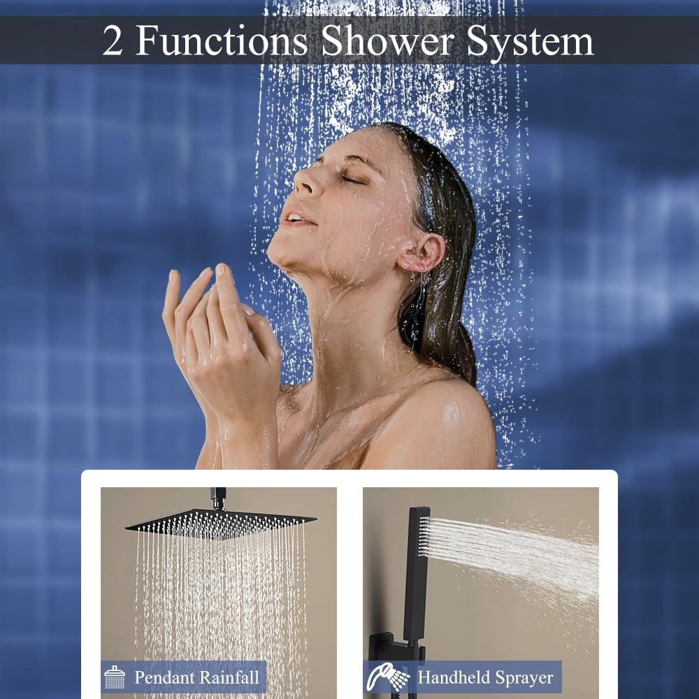 YCAIKOI 12 Inch Matte Black Ceiling Mount Shower System Bathroom Luxury Rain Mixer Shower Combo Set Ceiling Rainfall Shower Head System Faucet Contain Rough-in Valve and Trim Included