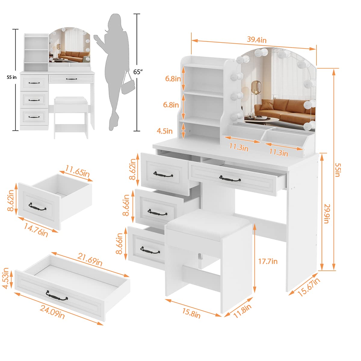 Vabches Makeup Vanity Desk with Lights and 4 Drawers, White Vanity Set Makeup Table Lots Storage, 3 Lighting Colors, Large Size 39.4in(L)