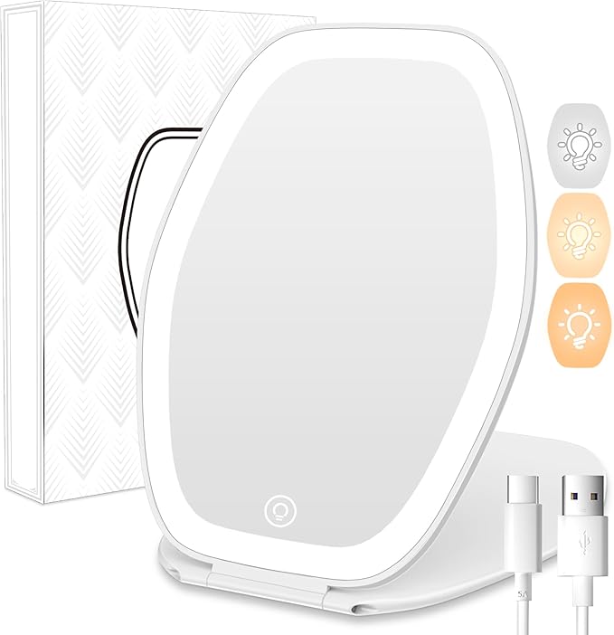 COSYGLOW Travel Makeup Mirror with Light: 3 Color Lighting Portable Mirror with Touch Screen Rechargeable Adjustable LED L...