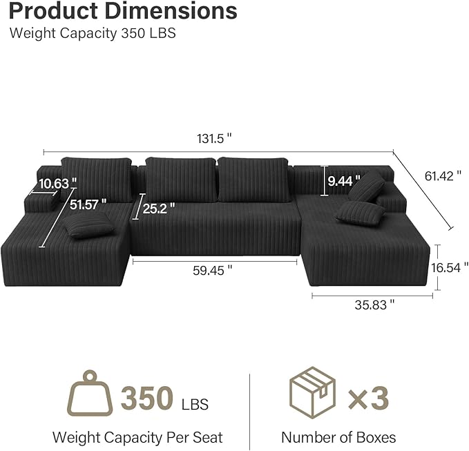 LAUSAINT HOME 132" Modular Sectional Sofa Couches, U-Shaped Boneless Cloud Sofa with 4 Deep Seat, 6 Cushiones Oversized Chaise for Living Room, Bedroom, Plush Corduroy Fabric (U Shaped Sofa, Black)