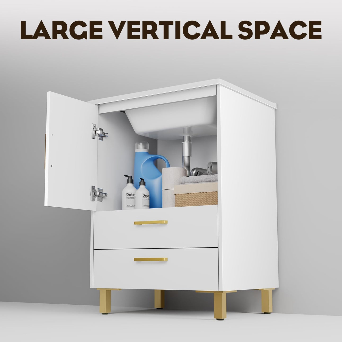 phiestina Fully Pre-Assembled 24 Inch White Bathroom Vanity with Ceramic Sink Combo, 2 Soft Close Doors and 2 Drawer Bathroom Storage Cabinet Set, BV02-WHITE-JH