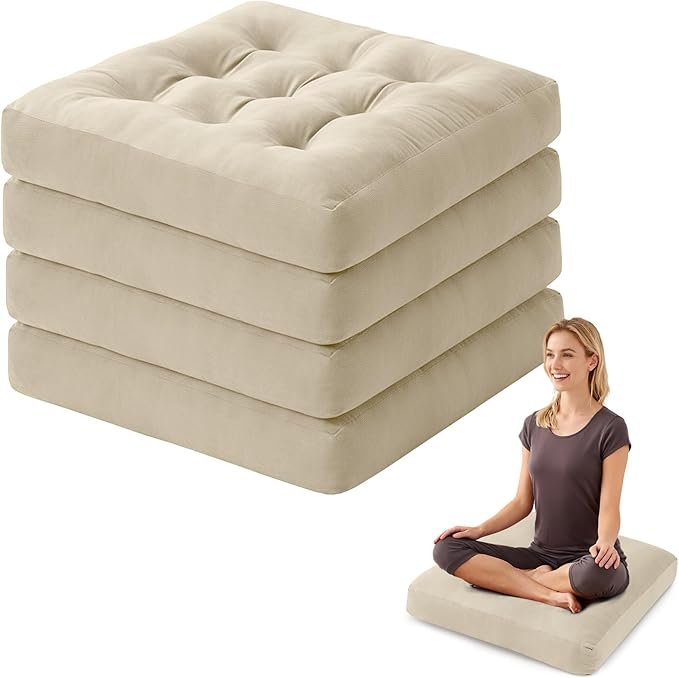 SM-XLHN Meditation Floor Pillow Set of 4, Square Large Pillows Seating for Adults, Meditation Cushion Pillow,Tufted Corduroy Cushion for Tatami Living Room or Yoga, Beige, 22x22 Inch