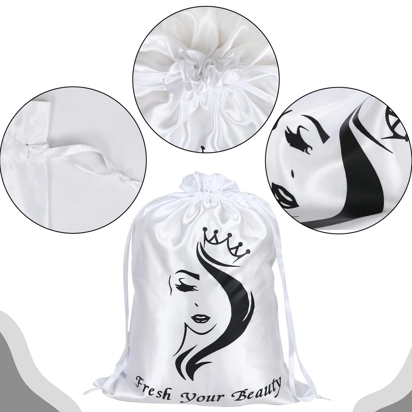 AliLeader 6 Pcs Silk/Satin Wig Storage Bags, Drawstring Travel Bag for Bundles,Wigs,Hair Extensions,Gift(White, Pink)