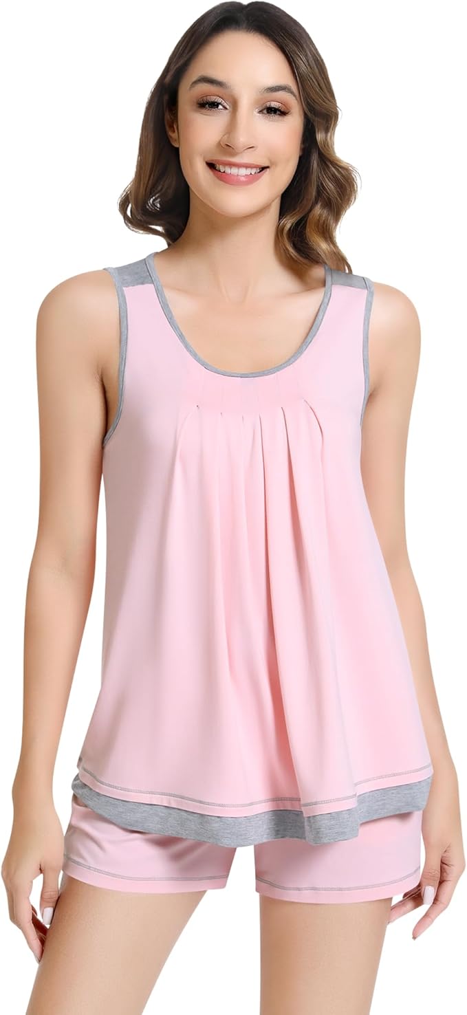 NACHILA Pajamas for Women-Viscose from Bamboo, Ribbed Racerback Tank Top Sexy Split Shorts Pajama Sets Cooling Sleep Cami Pjs