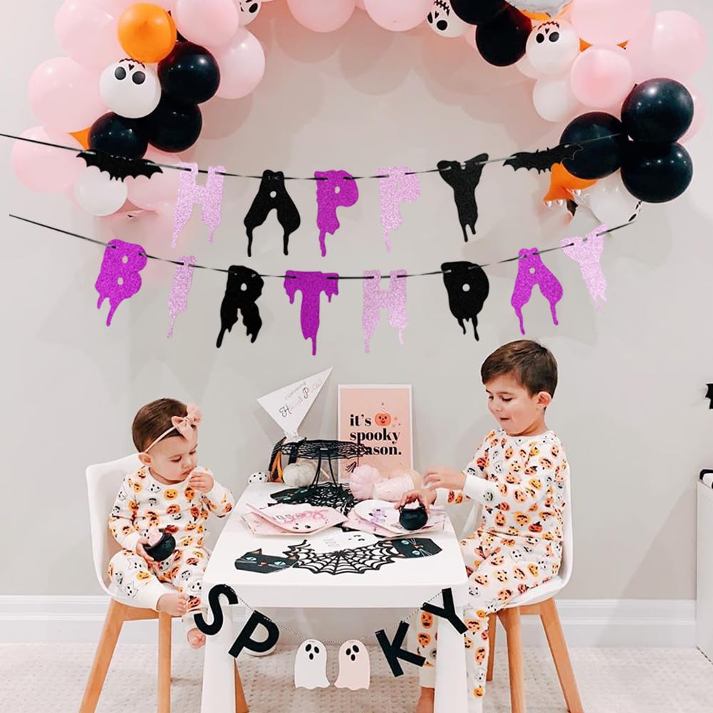 Happy Birthday & Halloween Banner - Pink, Purple, Glitter - Girl 1st Birthday Party Decorations with Spooky Bats
