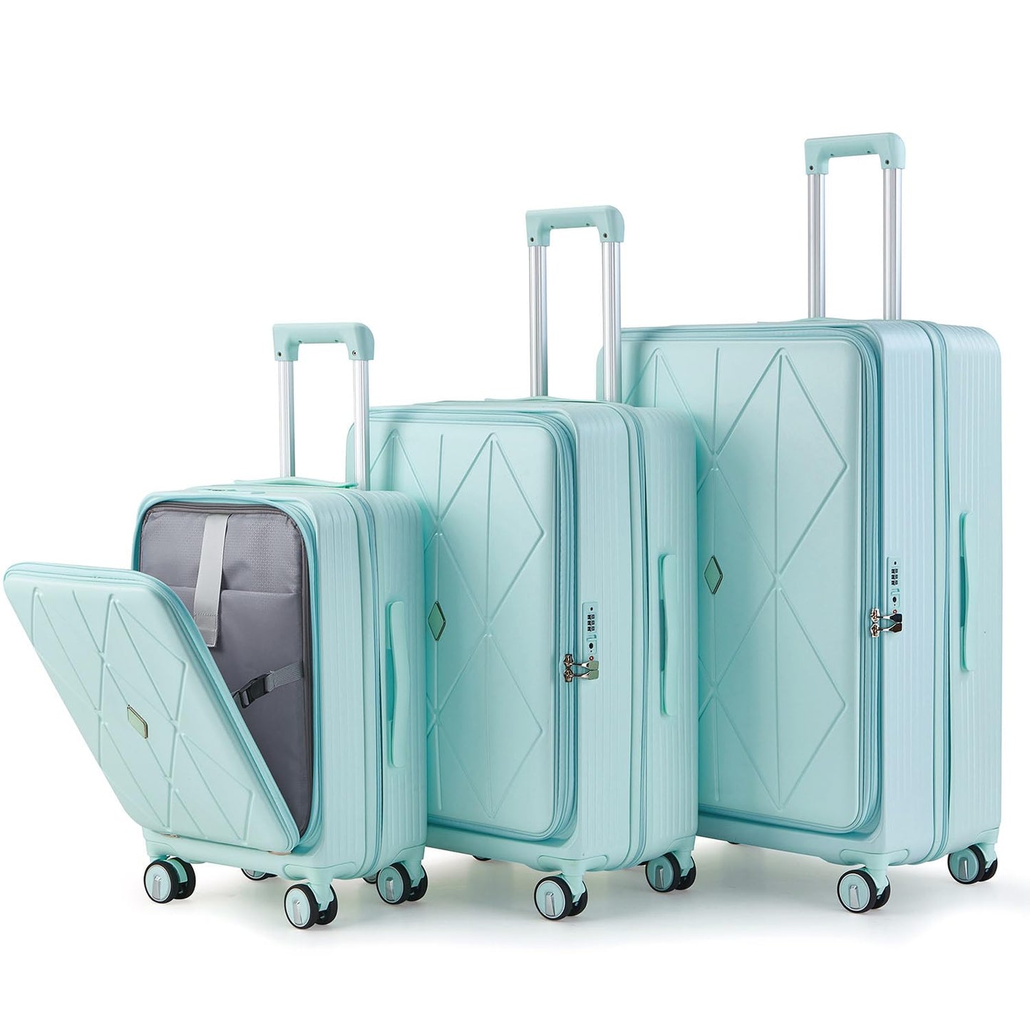 TRAVELEO 3 Piece Luggage Set 100% PC Hardshell, Front Opening Expandable Suitcase (20/24/28) with Laptop Compartment & Free Custom PVC Covers, Trunk Style Lightweight Spinner Wheels TSA Lock