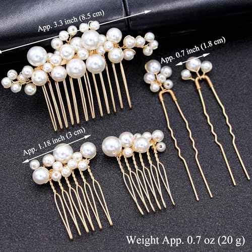 Wedding Pearl Hair Combs Set of 5 Pieces - Prom Hair Pins Accessories for Bridal Women (Gold)