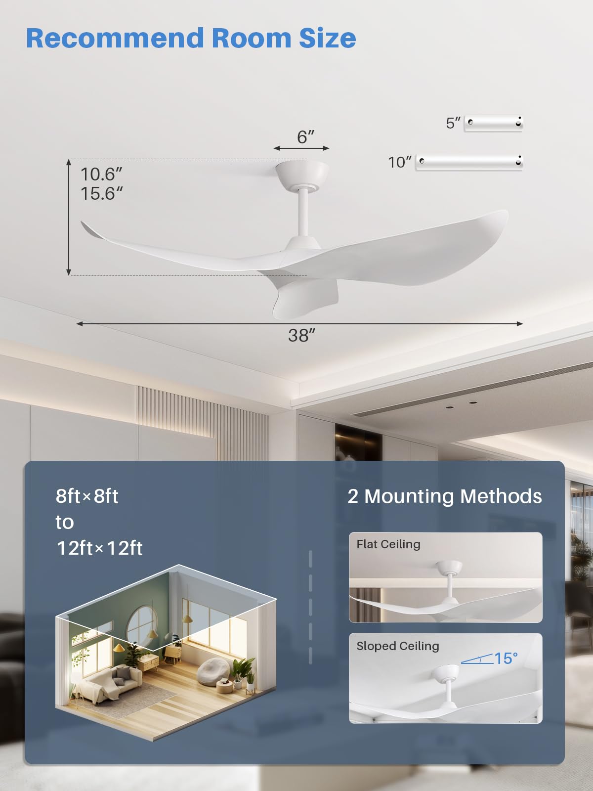 Sofucor 38 Inch Ceiling Fan No Light, Modern Ceiling Fan with Remote Control, Quiet Reversible DC Motor, 6-Speed Noiseless Indoor Ceiling Fan for Bedroom Living Room Covered Patio Porch