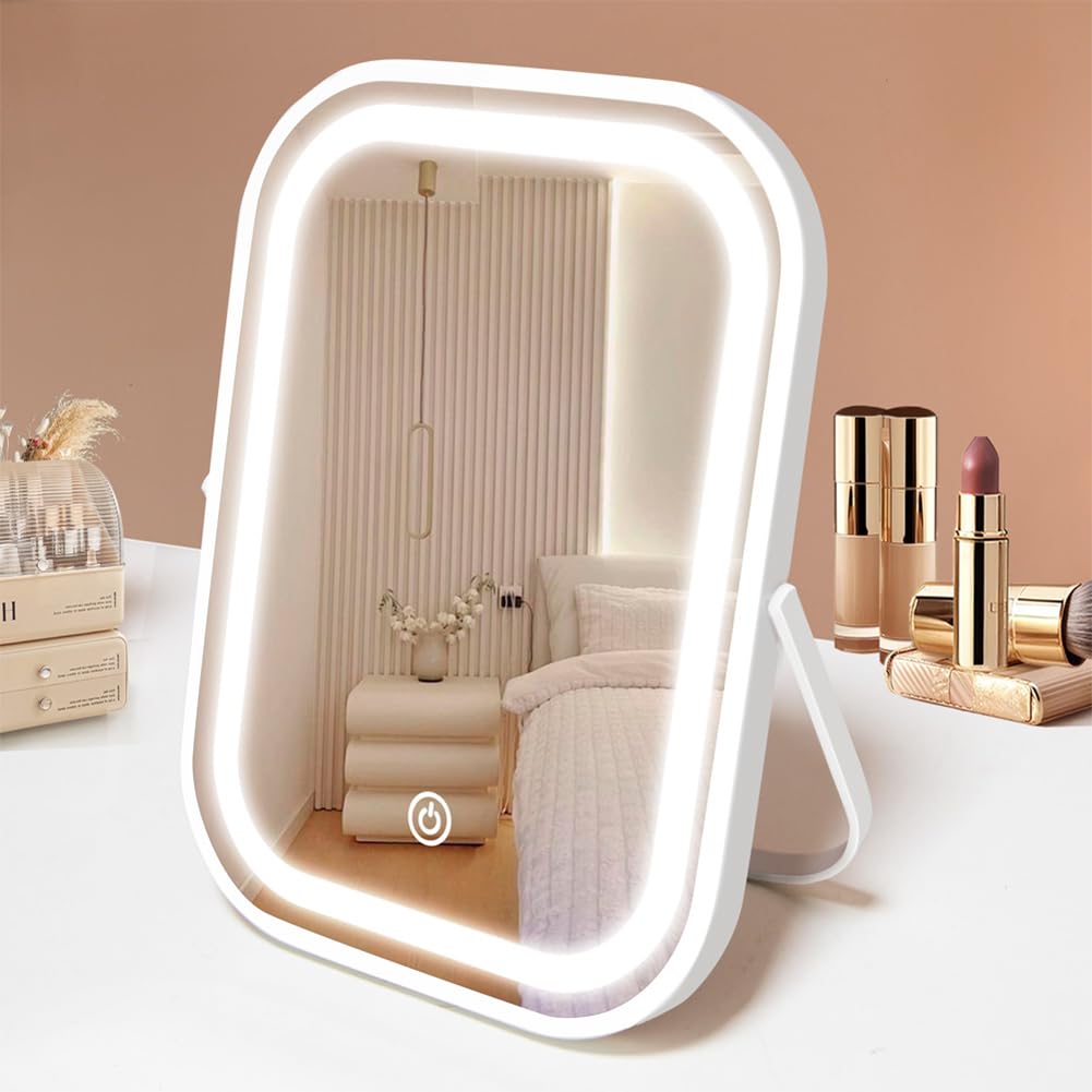 YEKKOPT Rechargeable Vanity Mirror with Lights,8x10 Inch 3 Color Lighting Portable Makeup Mirror with Touch Screen Adjustable LE