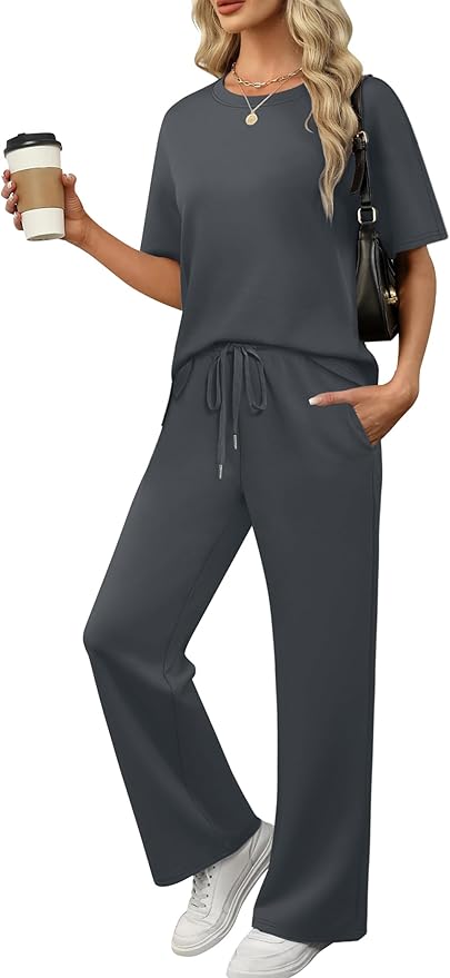 XIEERDUO Women's Side Slit Lounge Sets 2 Piece Travel Outfits Airport Tracksuit Oversized Wide Leg Loungewear S-3XL