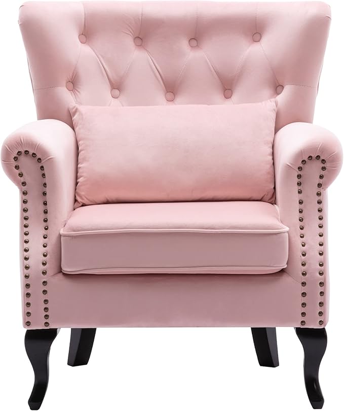 DM Furniture Mid Century Accent Chair for Living Room, Velvet Button Tufted Armchair Wingback Club Chair Single Sofa Lounge Chair with Pillow for Reception/Bedroom, Pink