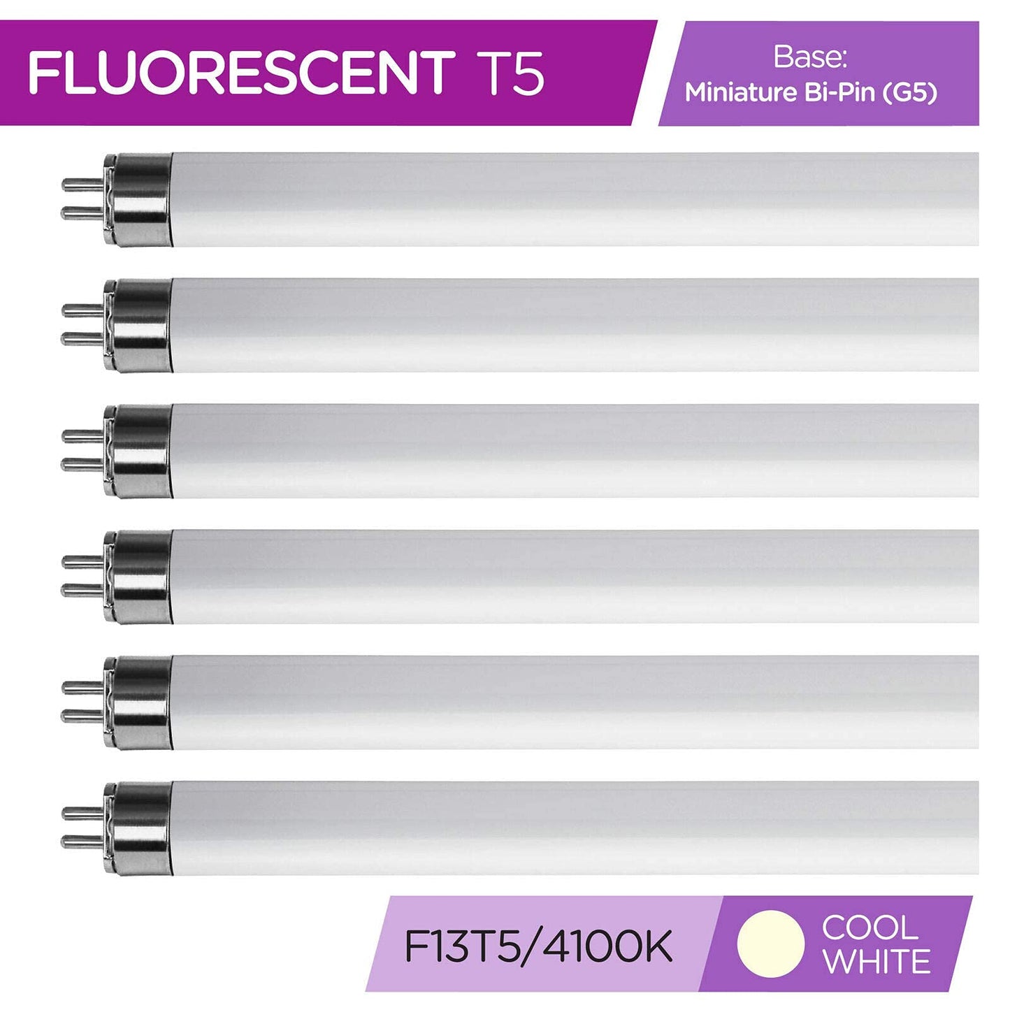 KOR (Pack of 6) F13T5/CW - T5 Fluorescent 4100K Cool White - 13 Watt - 21" Super Long Life Light Bulbs
