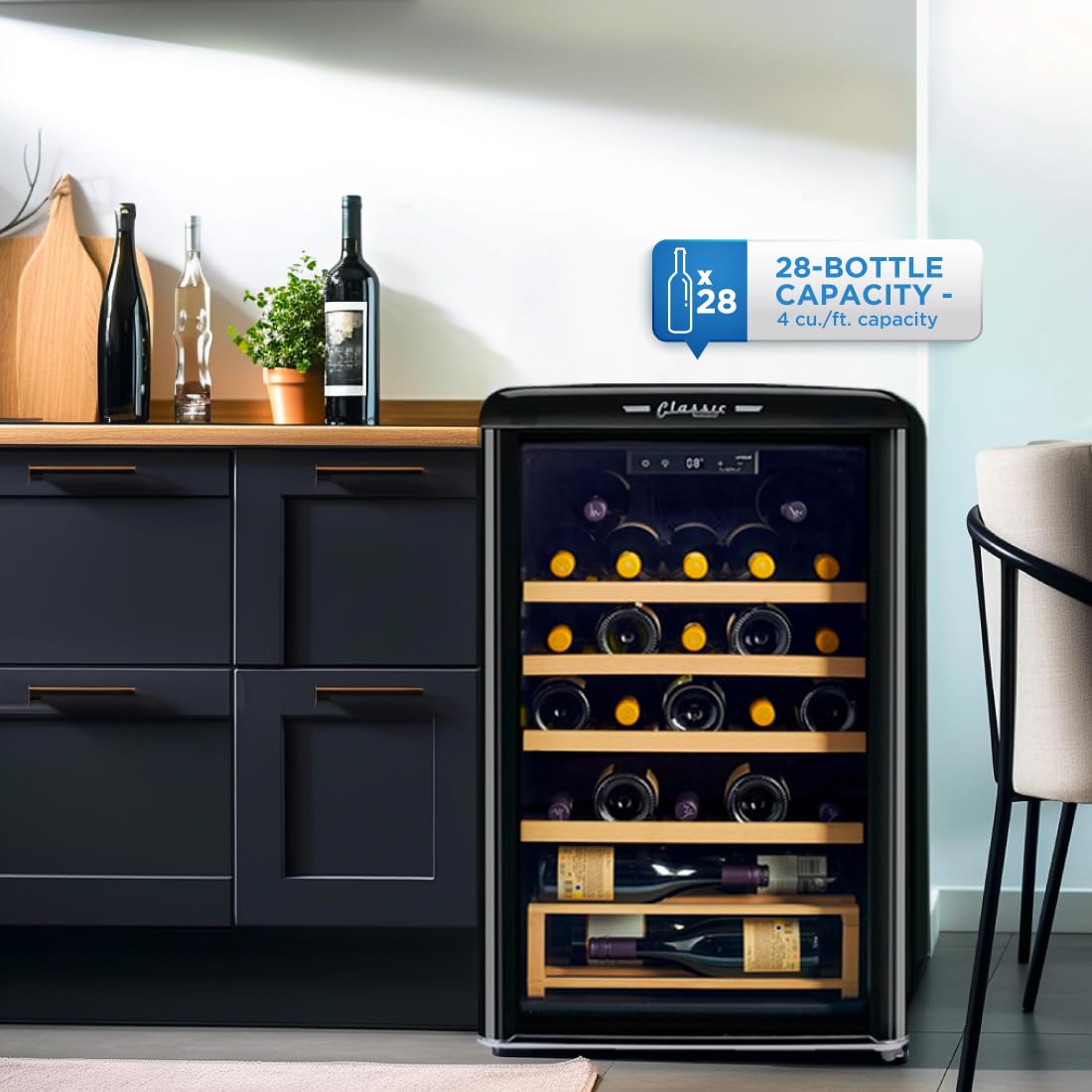 Unique Appliances Classic Retro Electric Wine Cooler, 28-Bottle Wine Fridge with Adjustable Wooden Shelves and Intuitive Digital Control Panel, Single Zone, 21", Midnight Black