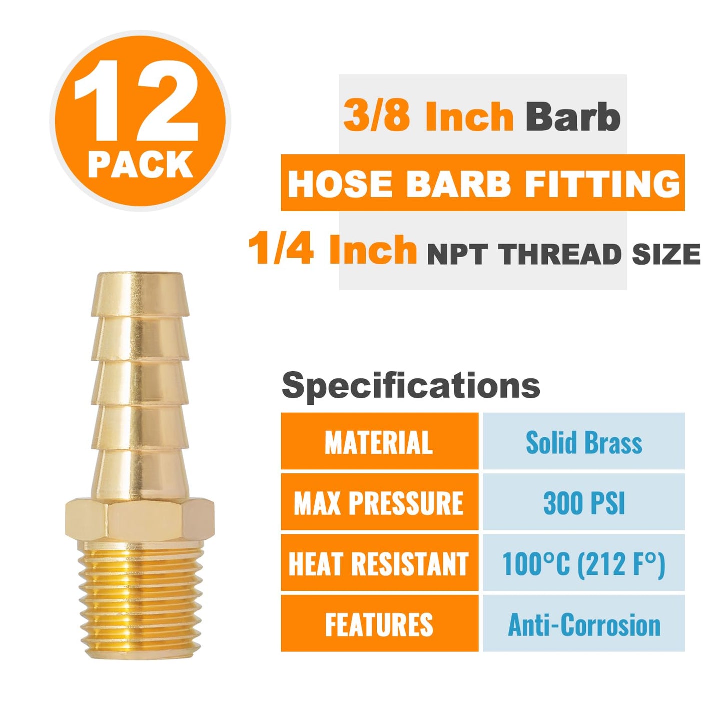SUNGATOR 12-Pack 1/4" NPT to 3/8" Hose Barb Fittings, Brass Air Hose Fittings, 3/8" Barb to 1/4" NPT Male Thread Adapter, Brass Air Line Repair Connector Kit for Compressor, Gas, Auto Shop
