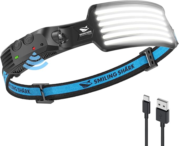 Smiling Shark Rechargeable Headlamp, 230°Wide Angle 6*White Light The Brightest LED Head Lamp with Motion Sensor Waterproo...