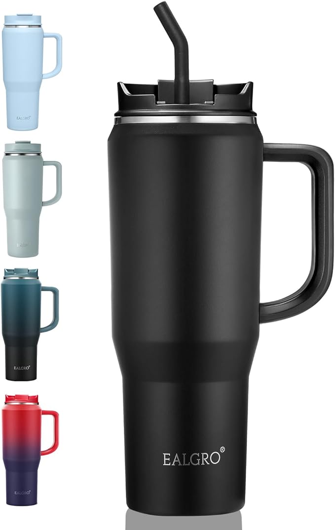 EALGRO 40 oz Tumbler with Handle, Insulated Tumblers with Lid and Straw, Large Metal Sports Water Bottle Jug, Thermal Stai...
