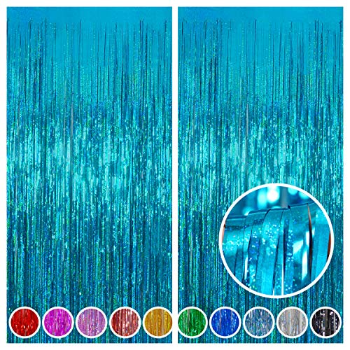 Melsan 2 Pack 3.2 ft x 8 ft Teal Tinsel Foil Fringe Curtains Backdrop, Blue Sparkle Metallic Foil Curtains for Ocean Birth...