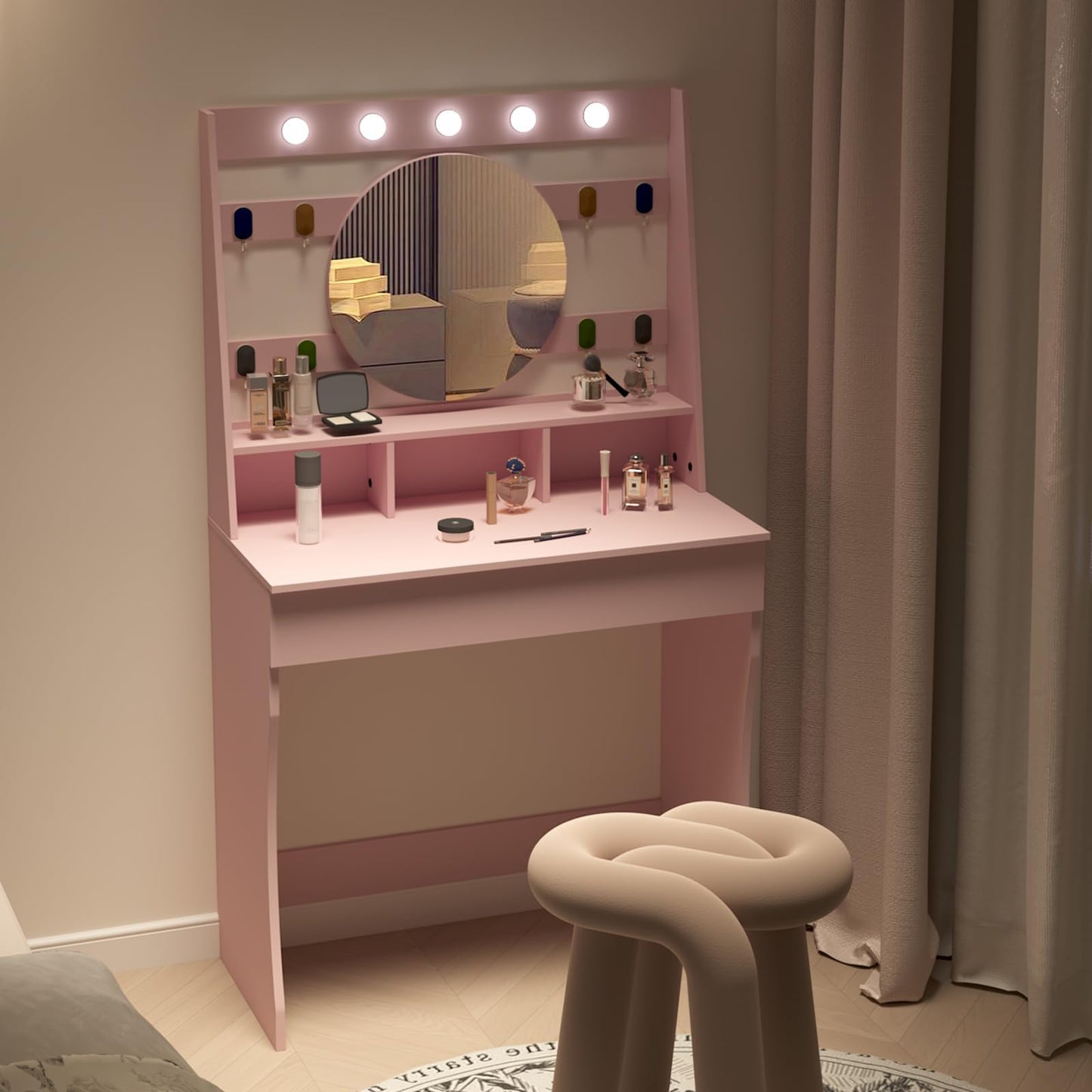 HedoAjim Vanity Desk with Lights, Makeup Table with Mirror, Dressing Table with 5 Hollywood Bulbs, 3 Adjustable Lighting Colors, Small Vanity Desk for Bedroom (Pink)