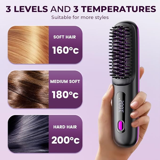 Go Brush Pro, 2026 Upgraded Cordless Hair Straightener Brush, Fast Heating Portable Hair Straightener Comb for Women Travel Essentials 3 Adjustable Temperature (Purple)