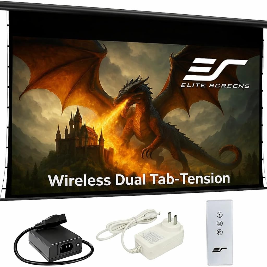 Elite Screens Wireless Dual Electric Tab-Tension,150-INCH Outdoor Motorized Projector Screen Built-in Battery IP33 Rated Water Protection, OMS150HT-ELEDUAL-BAT