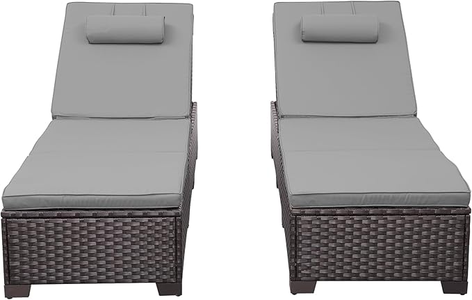 Rattan Star Brown Wicker Patio Chaise Lounge Chairs Set of 2 Outdoor Chaise Lounge Pool Lounge Chairs Poolside Recliner Chairs with Grey Cushions and Headrest