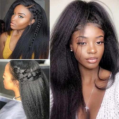 13x6 Lace Front Kinky Straight Wig HD Transparent Yaki Straight Frontal Closure Human Hair Wigs for Women 16Inch 180% Density Glueless Wig Pre Plucked With Baby Hair
