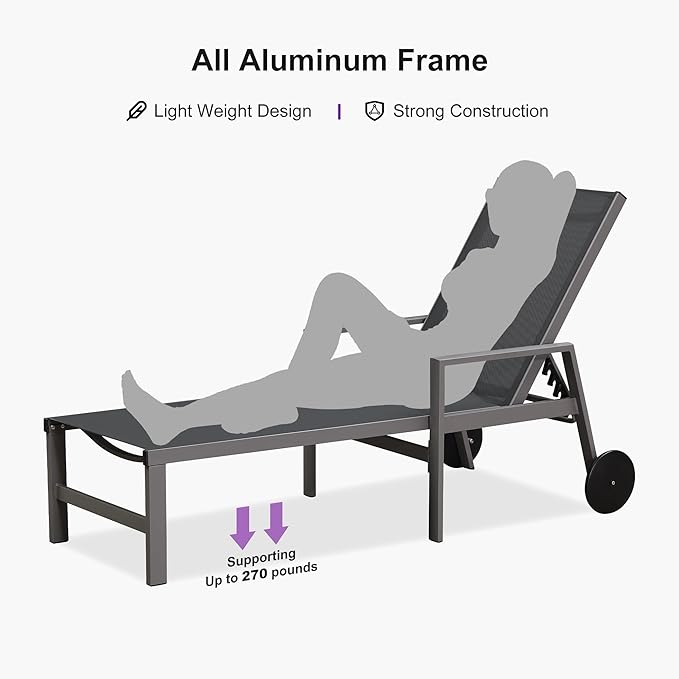 PURPLE LEAF Outdoor Chaise Lounge Set for 2 Aluminum Patio Chaise Lounger Chairs with Armrest and Wheels Adjustable Pool Chaise Lounge Chair for Beach Yard Poolside Table Included, Grey
