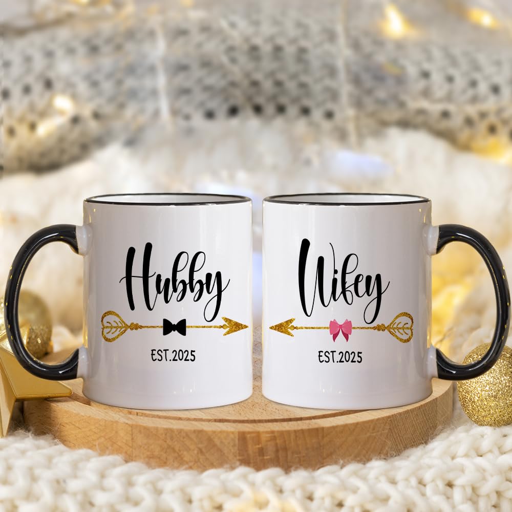 Fatbaby Hubby and Wifey Est 2025 Coffee Mug,Mr and Mrs Couple Mug, Newlywed Gifts for Couples,Unique Bridal Shower Wedding Gifts for Bride and Groom 11oz