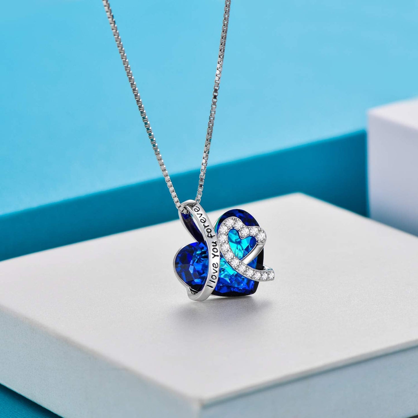 AOBOCO Mothers Necklace Gifts for Mom I Love You Forever Necklace 925 Sterling Silver Blue Heart Pendant for Women Jewelry for M