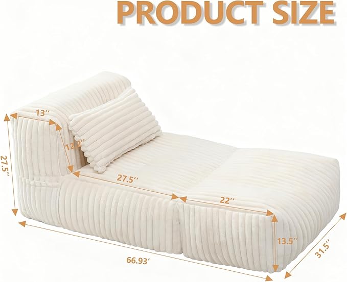 Giant Bean Bag Lounger Sofa with Pillow, Large Beanbag Chair for Adults, Oversized Comfy Beanbag Lazy Floor Sofa, Bean Bag Couch with Memory Foam Filled for Living Room, Bedroom, White