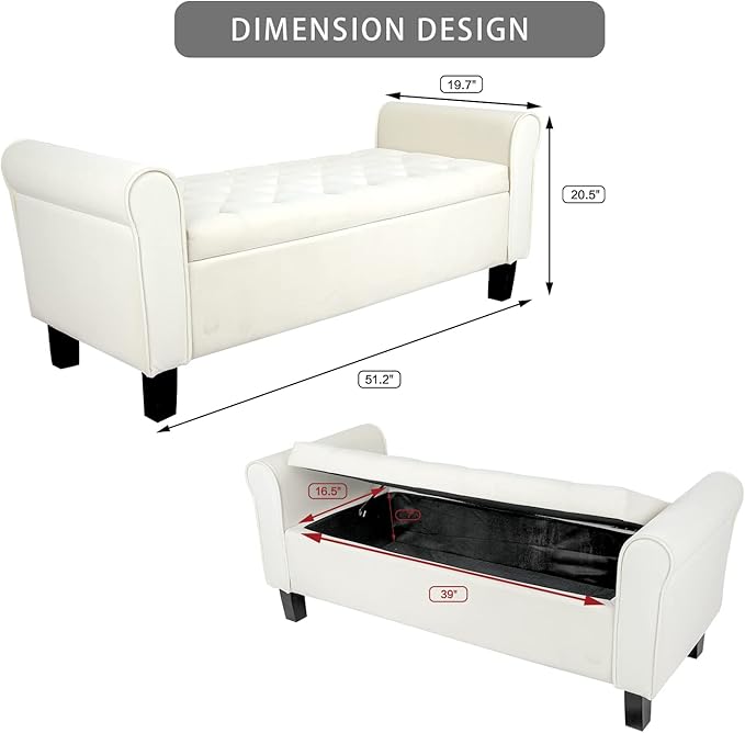 Babion Storage Bench for Bedroom End of Bed, Button Tufted Storage Ottoman Bench 51Inch, End of Bed Storage Bench with Upholstered, Rolled Arm Window Bench Seat with Solid Wood Legs, Beige