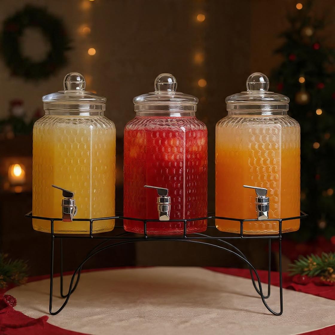 Drink Dispenser Set of 3 - Beverage Dispenser with Stand - Glass Drink Dispensers for Lemonade, Juice, Water, Iced Tea, Punch - 1-Gallon Countertop Party Drink Dispensers
