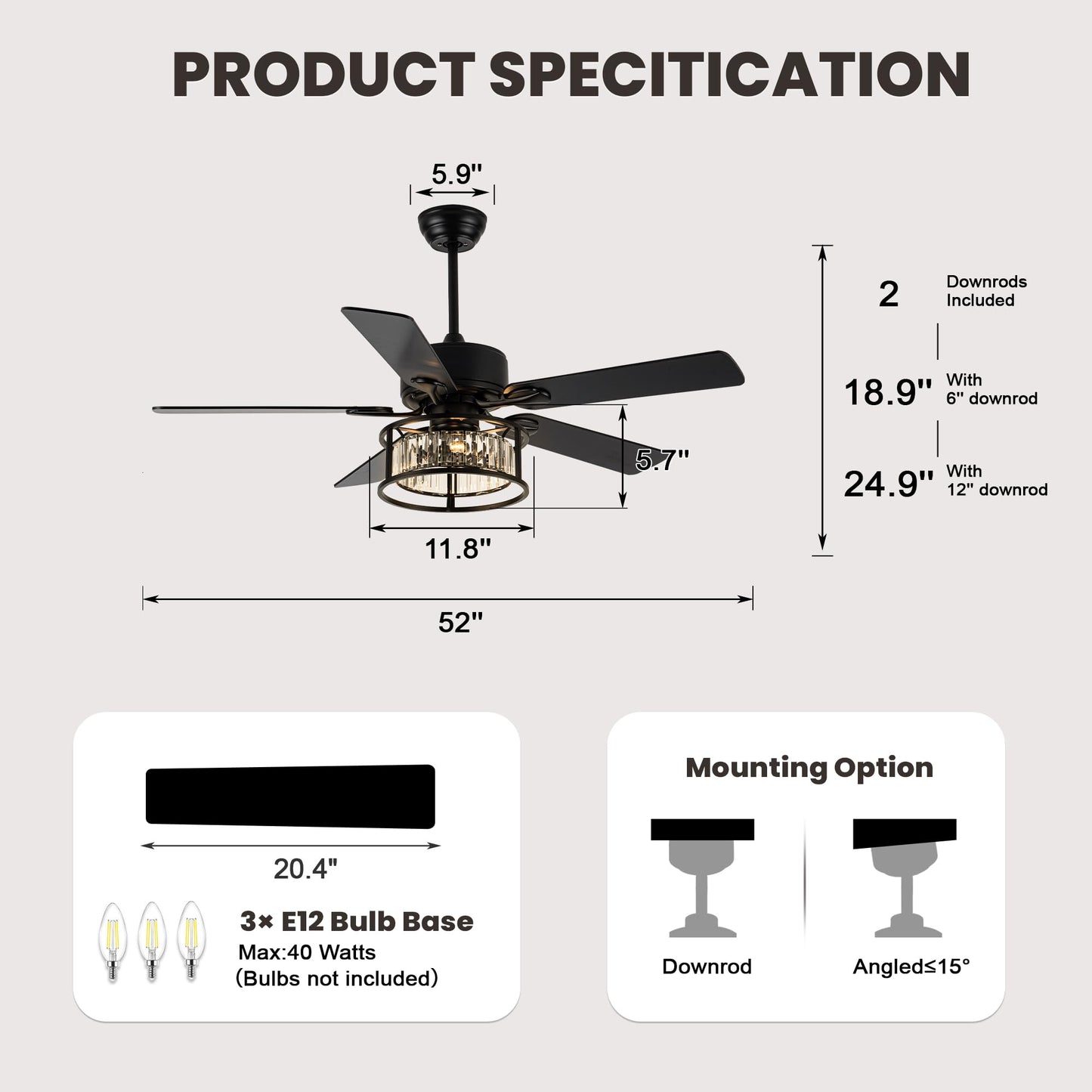 Dawn Whisper 52 Inch Chandelier Ceiling Fans with Lights and Remote Quiet and Reversible DC Motor Black Caged Modern Ceiling Fan for Bedroom Living Room